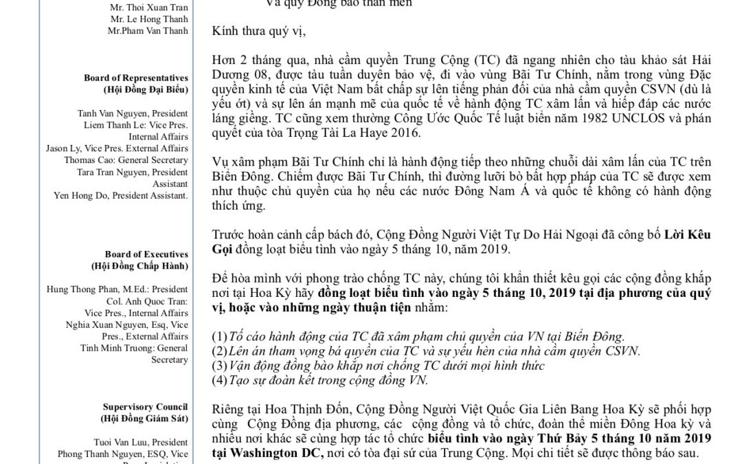 THƯ KÊU GỌI BIỂU TÌNH