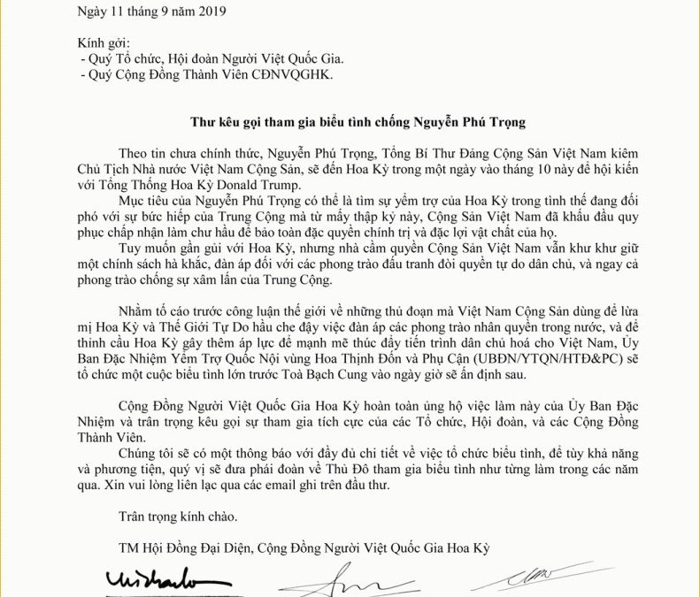 Thư kêu gọi tham gia biểu tình chống Nguyễn Phú Trọng