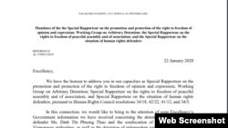 Kháng thư chất vấn của chuyên gia LHQ gửi chính phủ Việt Nam hôm 22/01/2020. Photo spcommreports.ohchr.org