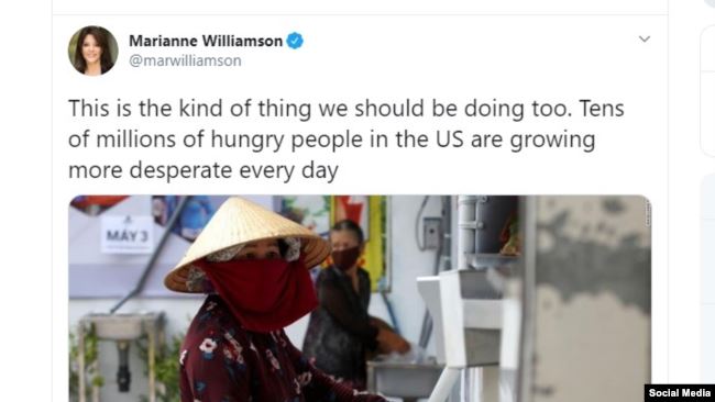 Nhà văn Mirianne Williamson viết trên Twitter 14/04 về máy ATM gạo Việt Nam.