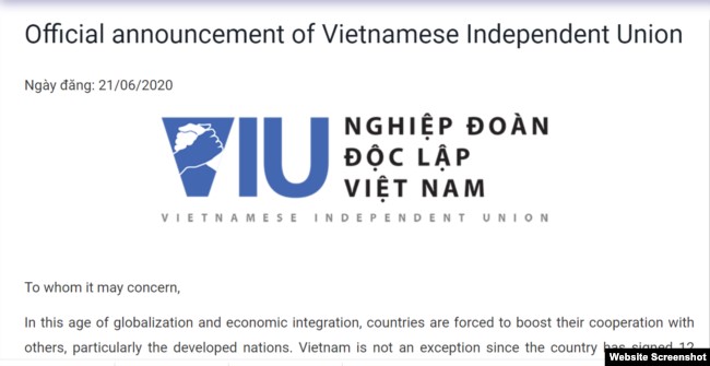 Thông báo thành lập của Nghiệp đoàn Độc lập Việt Nam hôm 21/06/2020. Photo VietnamIndependentUnion.org