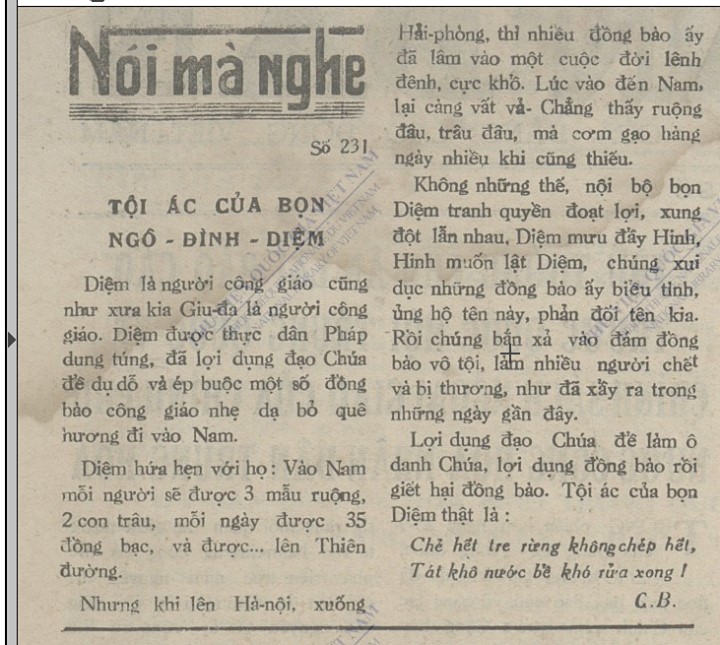 Một bài báo viết về việc di cư vào Nam của đồng bào Công giáo năm 1954. Tác giả là C.B (tức Hồ Chí Minh) đăng trên báo Nhân Dân ngày 29/9 - 1954.