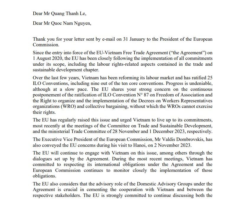 Thư gửi Quốc Hội Âu Châu – Cáo buộc sau 5 năm, Việt Nam chưa thực hiện nghĩa vụ trong EVFTA